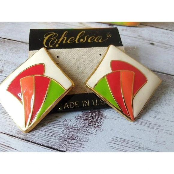 NWT Vintage Art Deco Orange Red Off-White 1980s Enamel Earrings - Picture 1 of 5